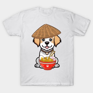 Funny happy dog is eating noodles T-Shirt